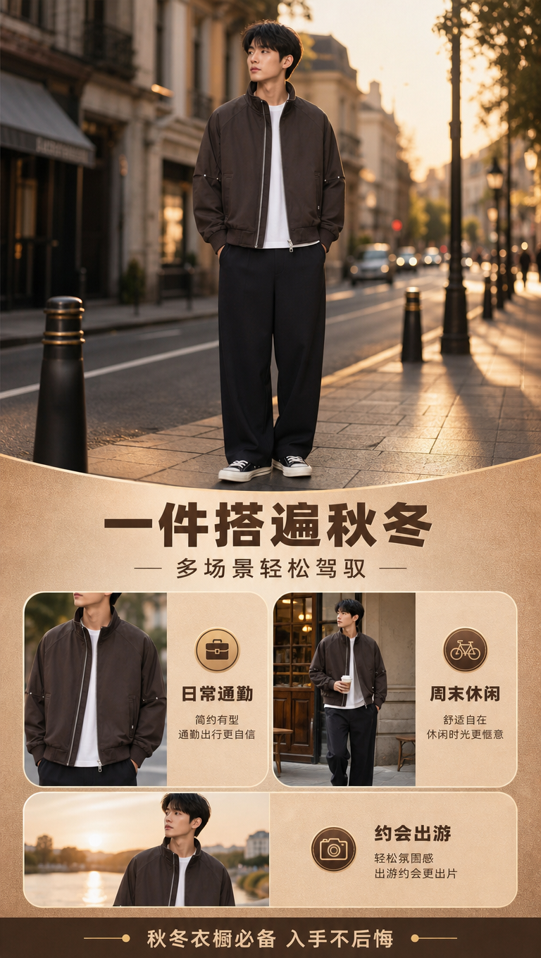 [商品] 使用【图1】深棕色立领拉链夹克；商品处理：保留立领、… - 图片创意预览