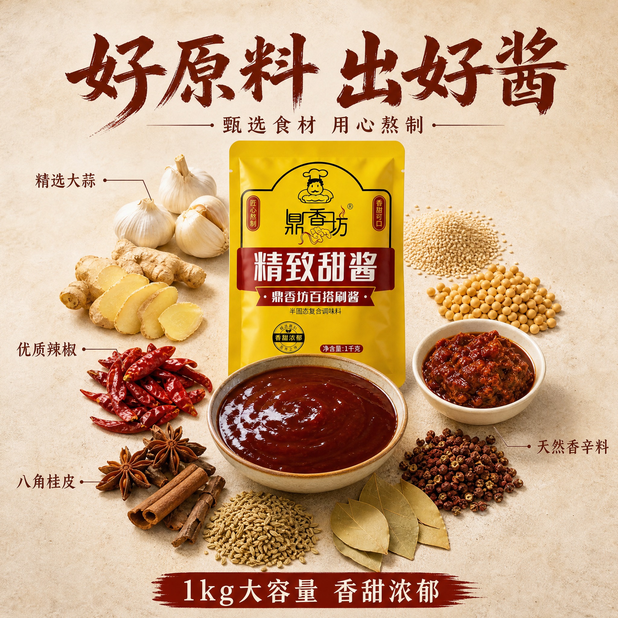 [主图-12] 酱料原料展示图，鼎香坊甜酱，参考图风格差异化创… - 图片创意预览