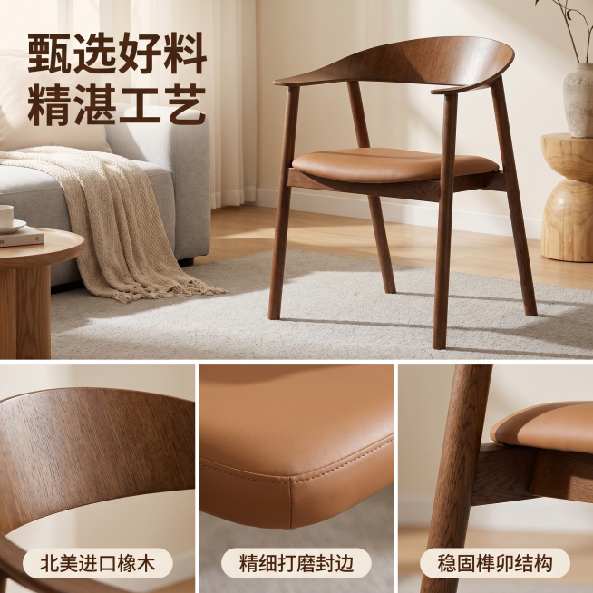 [主图 3] 实木单人椅材质工艺细节展示图。
[氛围风格] 温馨舒适家居治愈风，高级质感展示；
[画质] 商业摄影质感、光线柔和通透、产品清晰真实、画面干净高级。
[元素] 上半部分展示整椅在主图1同预览效果