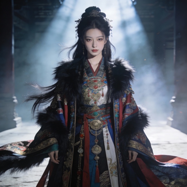 真人写实摄影，古风，3战国少女，妖治 达尔丁效应 瓜子脸 冷白皮 战国袍，华丽，多装饰，长头黑发，细致的毛发，细腻渲染，细节五官，极致细节，丰富细节，朦胧感，远景镜头预览效果