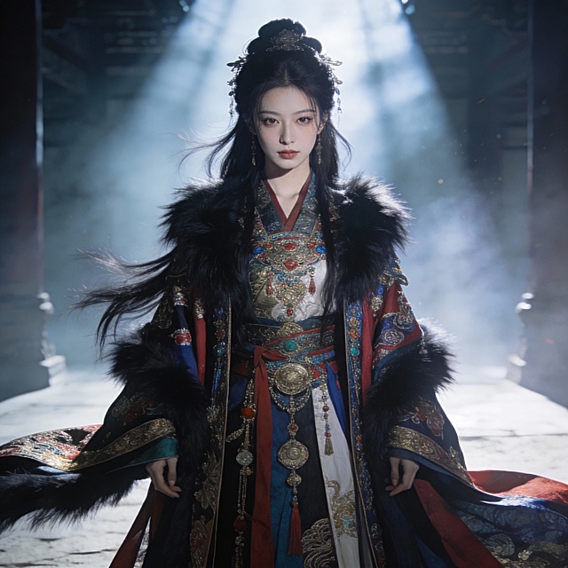 真人写实摄影，古风，3战国少女，妖治 达尔丁效应 瓜子脸 冷白皮 战国袍，华丽，多装饰，长头黑发，细致的毛发，细腻渲染，细节五官，极致细节，丰富细节，朦胧感，远景镜头