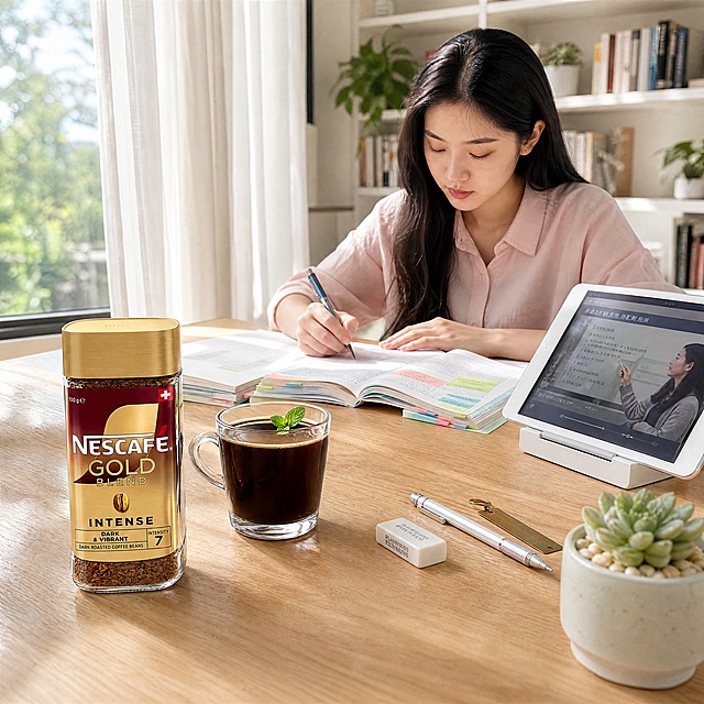 超写实商业摄影，8K超清，图书馆自习场景。
主体：雀巢金牌 GOLD BLEND INTENSE 冻干黑咖啡玻璃瓶严格参照上传产品图，完整保留所有可见组件、部件、轮廓、结构、比例、材质、颜色与产品本体上的文字信息（logo / 型号 / 规格 / 参数 / 浮雕 / 刻度等），与上传图完全一致；自然融入场景光影，与场景共处同一物理空间。咖啡瓶为第一视觉焦点，清晰突出，位于原木桌面左前方。
构图：60°高俯角，全景桌面构图，中等景深，咖啡瓶最清晰，周围物品由近及远逐渐虚化，产品占画面约25%。
风格：清新ins风，电商种草风，画面干净整洁。
场景：图书馆二楼自习区，上午时分，明亮柔和的自然光，安静备考氛围。
空间/承载：①浅色橡木书桌，木纹清新淡雅；②桌面后方，高大的落地窗配白色纱帘，窗外绿树成荫；③背景，白色书架与绿植点缀。
陪衬/软装：①咖啡瓶右前方，一只透明玻璃杯装着黑咖啡，杯口有一片薄荷叶点缀；②咖啡瓶后方，一本摊开的彩色教材书，书页上贴有多色便利贴；③书本右侧，一台白色平板电脑立在支架上，播放着网课视频；④平板旁，一支自动铅笔、一块橡皮和一个金属书签；⑤桌面右下角，一小盆绿色多肉植物；⑥画面后方，一位中国女学生的上半身，东亚面孔，黑长发披肩，棕黑色眼睛，自然淡妆，穿着浅粉色衬衫，正低头认真做笔记，神情专注。
配色/材质：橡木浅棕 / 奶白 / 深咖 / 浅粉 / 薄荷绿；玻璃 / 实木 / 纸张 / 塑料 / 棉麻面料。
光影：主光从正前方窗外透过白纱帘形成柔和漫射侧光，均匀照亮咖啡瓶正面，标签文字清晰锐利，玻璃质感通透；辅光为环境反射光，整体明亮清新，阴影极淡，氛围感干净清爽。
参数：8K超写实，商业摄影，光追质感，高细节，锐利清晰。严格锁定宽高比为1:1。
严禁：模糊，低分辨率，变形，扭曲产品，文字错误，水印，多余杂物，暗沉发黑，卡通，手绘，丑，畸形物体，过度曝光，产品悬浮，空间错位。