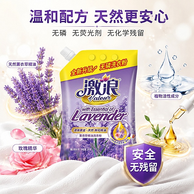 [主图-3] 激浪洗衣粉成分温和安全品质图
[氛围风格] 天然纯净 成分可视化 安心可靠 母婴级安全质感
[画质] 超高清商业摄影质感 成分细节清晰 产品真实 画面干净高级
[元素] 画面中央放置激浪薰衣草精油洗衣粉产品 占画面约45% 保持产品外观与输入图完全一致 产品周围环绕天然成分元素 左侧是新鲜薰衣草花束和玫瑰花瓣 右侧是透明水滴和天然精油滴液 底部是白色纯棉布料特写 布料纹理清晰柔软 背景为纯白色渐变到浅米色 干净纯净 有轻微的光晕效果 成分元素周围有淡淡的金色光芒 体现天然珍贵 产品前方有一个"无化学残留"的盾牌形状安全标识 简洁明了
[光影] 顶部柔光均匀打亮 成分元素有通透质感 水滴和精油有高光折射 产品受光均匀 质感真实 整体明亮柔和 光比小 干净通透
[配色] 主色调纯净白 浅米色 薰衣草紫 辅助色玫瑰粉 精油金黄 水滴透明蓝 整体天然温和 安心感强
[视角构图] 正面平视 产品居中 成分元素环绕四周 构图饱满平衡 景深中等 产品主体突出 成分细节清晰
[文字版式] 顶部大标题"温和配方 天然更安心" 紫色粗体大号字体 副标题"无磷 无荧光剂 无化学残留" 深灰色中号字体 成分旁边有小标签标注"天然薰衣草精油""玫瑰精华""植物活性成分" 底部盾牌标识内文字"安全无残留" 白色粗体 文字全部放在负空间 不遮挡产品主体
[输出要求] 1:1比例 文字清晰可辨 超高清商业摄影质感
[负向提示词] 变形 文字错乱 产品图模糊 背景杂乱 水印 电商平台Logo 多余的手 畸形手 重医药风