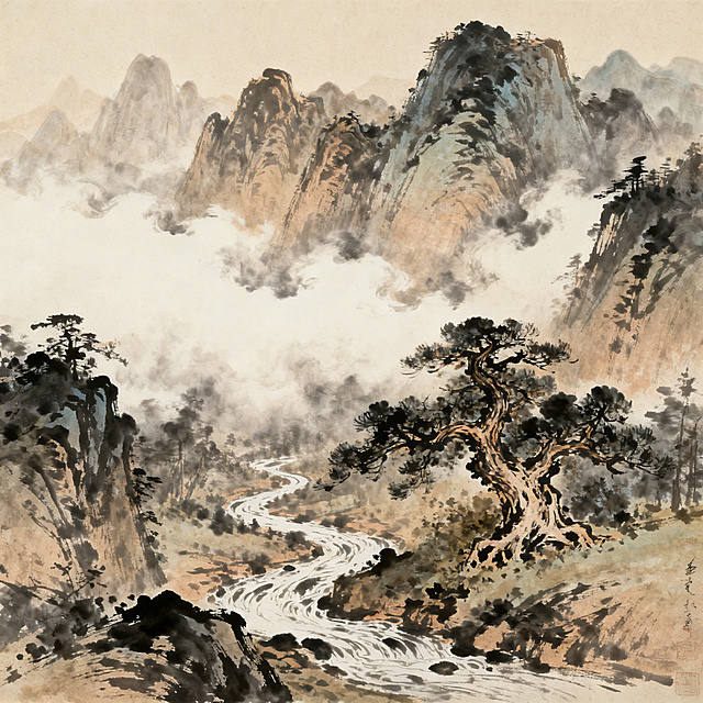 中国风山水画，层峦叠嶂的山峰，云雾缭绕山间，苍劲的古树，蜿蜒的溪流，传统水墨风格，意境悠远，笔触写意，古雅色调，传统东方美学