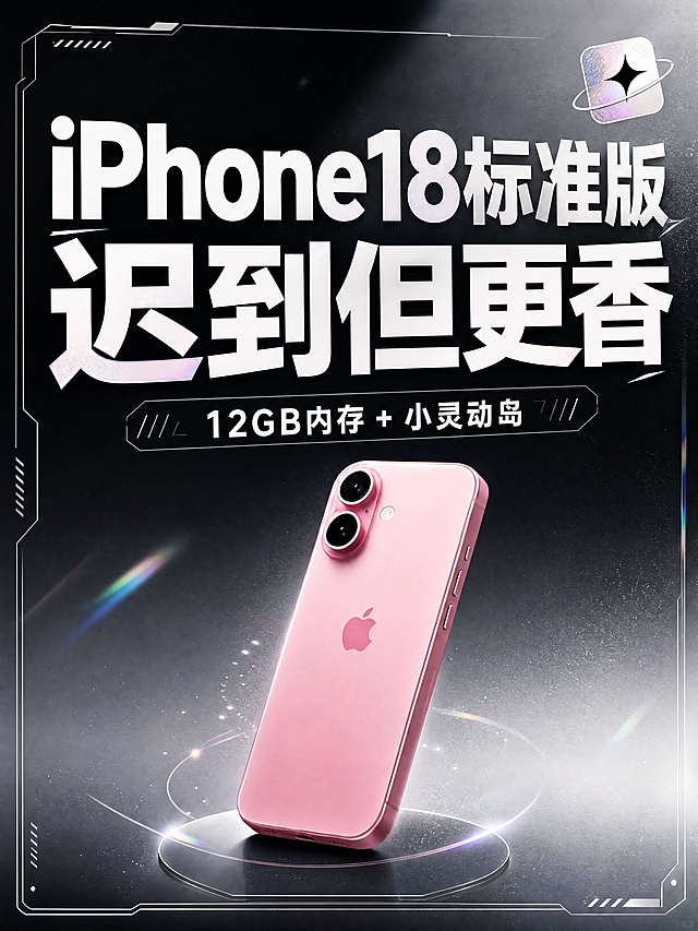 小红书笔记大字封面，配图大字，黑白浅色高级科技风带轻微镭射感，版式精美，小红书笔记封面质感，适合信息流点击。主标题必须完整呈现且为画面视觉中心，逐字锁定：「iPhone18标准版 迟到但更香」。主标题字号占画面约55%视觉权重，清晰可读，不得增删改字。副标题：「12GB内存 + 小灵动岛」。背景：深黑到浅灰的高级渐变底色，带有极细微的镭射虹彩光泽和科技感颗粒肌理，整体黑白浅灰色系，干净克制。标题排版：采用配图大字I08图框+黑白底策略，主标题为简体中文扁平超粗黑体/sans，白色为主，部分关键词带极淡镭射渐变描边，科技感十足；禁止3D立体、金属厚重挤压字。配图：用户【图1】粉色iPhone手机保留原商品颜色（粉色不变），置于画面中下部，手机周围有极淡镭射光晕科技感点缀，手机为视觉次中心，不抢主标题。装饰：1个极简科技感镭射小图标贴纸置于右上角，另加细线条几何框装饰，位置克制不抢标题；emoji不与主标题逐字混排。整体氛围：高级、简约、科技感、轻微镭射炫光、黑白浅灰主调，粉色手机作为视觉亮点。画质：高清细腻，信息层级清晰，主标题与背景强对比，文字完整处于安全区内不可裁切，四周留安全边距。画面比例3:4，4K。图生图：严格使用用户上传图片，【图1】= 粉色iPhone手机产品图，保留手机粉色不变，作为画面中下部主配图。