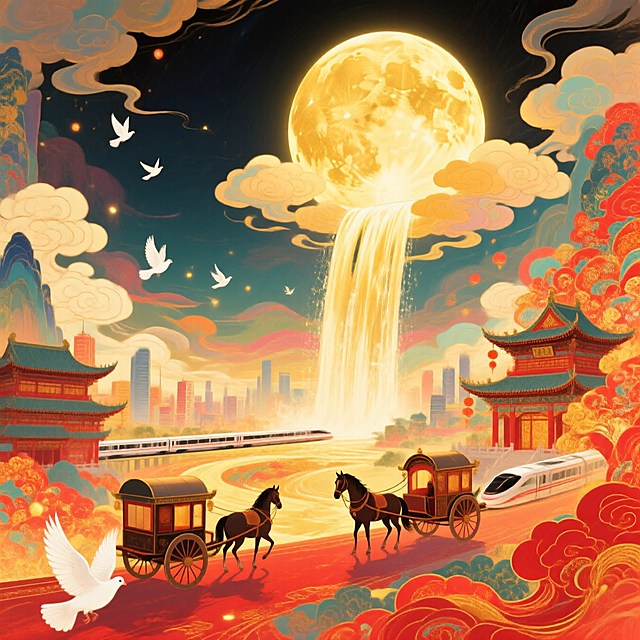 月光如金色的瀑布从圆月（占满画面2/3）上倾泻到底部的全景大地上（马车、动车分别行驶在古建筑和城市间），画面带有发光效果，白鸽飞过，整体画面充斥着华丽的金色和喜庆的红色，奇幻色彩和光影变化，具有丰富的层次感和立体感，体现繁荣昌盛喜庆氛围，梦幻的大透视