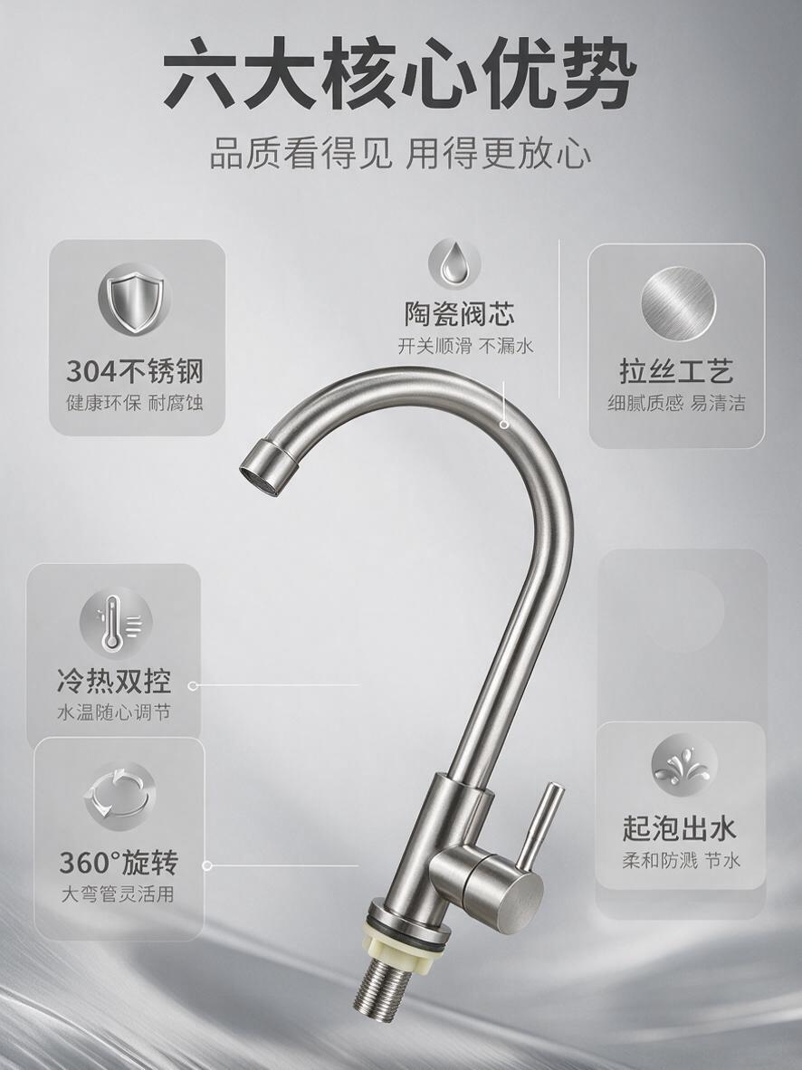 [商品] 使用【图1】304不锈钢厨房冷热水龙头；保留单柄单孔… - 图片创意预览