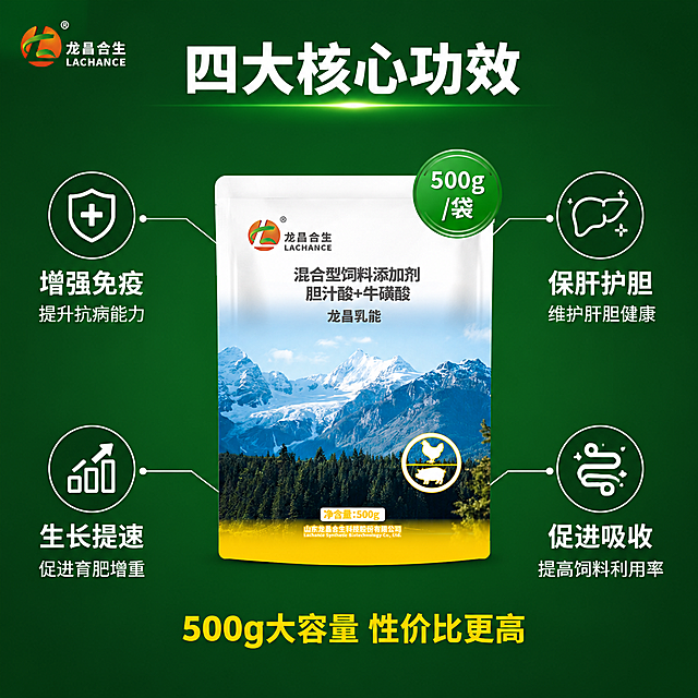 [主图-2] 核心功能亮点图 保肝护胆功效说明 简约信息图风格
[氛围风格] 专业理性 功能说明型 简约清晰
[画质] 商业摄影质感 信息图清晰 产品真实 画面干净
[元素] 画面中央偏左展示龙昌合生猪用胆汁酸产品包装袋正面，完整清晰；包装袋周围用细白色引线连接四个功能亮点图标，分别指向包装袋不同位置；背景为渐变深绿色，简洁干净无多余元素；左上角保留品牌Logo小尺寸放置。保持产品包装袋外观与输入产品图完全一致，文字内容准确无误。商品主体占比约50%，留出充足空间展示功能信息。
[光影] 正面均匀柔光，产品包装袋立体感适中，图标与文字清晰锐利，整体明亮通透，阴影柔和。
[配色] 主色调深绿色背景；辅助色白色（文字、引线、图标）；强调色明黄色（数据数字高亮）。绿色系为主，黄色仅用于数据强调，面积小。
[视角构图] 平视正面视角，产品居中偏左，右侧和上下分布功能亮点，形成环绕式信息布局，构图均衡不拥挤。
[文字版式] 顶部居中主标题白字粗体："四大核心功效"；产品包装袋右上方引线连接图标+文字："保肝护胆" 小字说明"维护肝胆健康"；产品包装袋右下方引线连接图标+文字："促进吸收" 小字说明"提高饲料利用率"；产品包装袋左上方引线连接图标+文字："增强免疫" 小字说明"提升抗病能力"；产品包装袋左下方引线连接图标+文字："生长提速" 小字说明"促进育肥增重"。每个亮点配简约线性图标，文字左对齐，主功能名粗体，说明文字细体小号。底部居中一行黄字高亮："500g大容量 性价比更高"。
[输出要求] 1:1比例 2048*2048px 文字清晰可辨 超高清
[负向提示词] 变形 文字错乱 产品模糊 背景杂乱 水印 电商Logo 包装袋文字错误