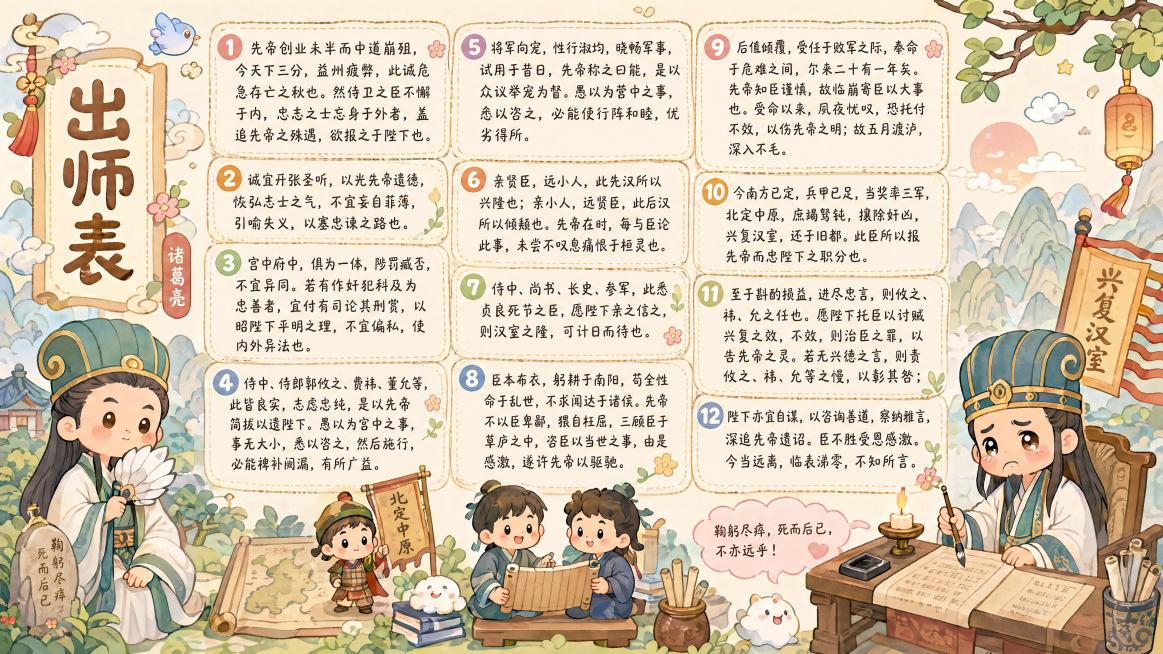可爱风格设计，包含出师表全篇内容，整体画面风格可爱温馨，字体圆润可爱，排版清晰，完整呈现全篇出师表的文字内容"先帝创业未半而中道崩殂，今天下三分，益州疲弊，此诚危急存亡之秋也。然侍卫之臣不懈于内，忠志预览效果