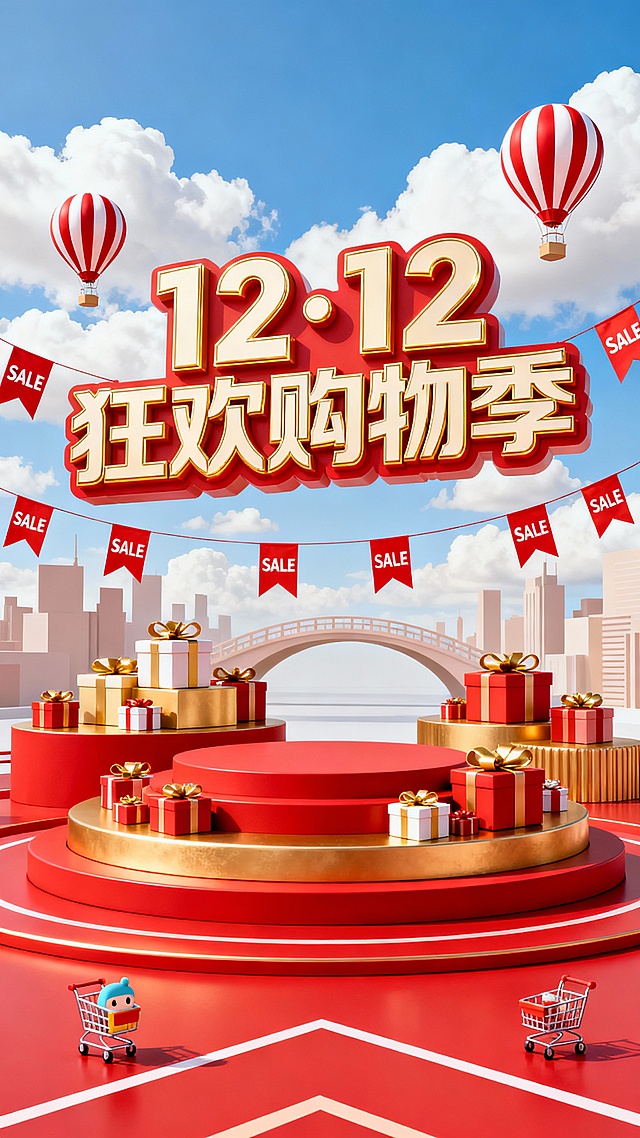 3D立体风格电商促销主视觉背景，以明亮的红色与温暖的金色为主色调，搭配纯净的白色云朵和湛蓝天空，营造欢快热烈的购物氛围。画面中央是巨大的“12·12 狂欢购物季”立体艺术字，字体选用无衬线粗体，边缘有金色高光勾勒，立体感十足且视觉层级突出。前景中，多层红色圆形展台与金色蛋糕式堆叠平台上，摆放着众多包装精美的礼品盒，部分礼盒系着金色蝴蝶结，礼盒大小不一、错落有致。中景有漂浮的红白条纹热气球，点缀着带有“ SALE”字样的红色吊旗，背景可见简化的城市建筑轮廓与拱形桥，整体构图采用中心聚焦式布局，通过光影明暗对比增强空间感。天空中漂浮着轻盈的白云，地面铺设红色带有几何线条的舞台，点缀着小型卡通购物车形象，所有元素融合成一个充满动感与节日气息的促销场景，能在短时间内清晰传达“12·12 狂欢购物季”的核心信息，符合年轻消费群体的审美和促销活动的热闹氛围。