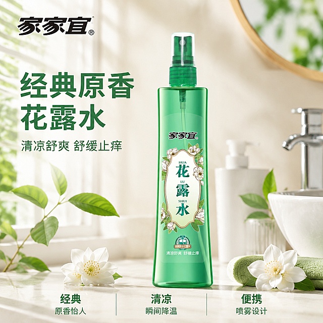 [主图-1] 家家宜经典原香花露水夏日场景首图。
[氛围风格] 清爽夏日 清新自然风
[画质] 商业摄影质感、光线柔和通透、产品清晰真实、画面干净高级
[元素] 家家宜绿色喷雾花露水瓶居中放置，背景为明亮干净的浅米色浴室台面，点缀几片新鲜绿叶和白色栀子花，阳光从左侧窗户洒入，营造清新夏日氛围感。保持家家宜花露水产品外观（物理结构、材质质感、颜色）与输入产品图绝对一致，杜绝任何变形和色差，精细化处理。商品主体占比严格控制在65%左右，画面满屏无边框。左上角保留原品牌"家家宜"Logo，保持字形和颜色不变。
[光影] 左侧自然光为主光，柔和明亮，台面漫反射为填充光，整体通透清爽，高光不溢出，暗部有层次。
[配色] 主色调薄荷绿搭配米白色，清新自然。
[视角构图] 平视拍摄，产品完整居中，景深适中，背景虚化突出主体。
[文字版式] 左上方品牌Logo下方，左对齐大字主文案"经典原香花露水"，绿色粗体字，下方小字"清凉舒爽 舒缓止痒"，颜色比主文案浅，字号缩小一半。底部均分三列展示核心卖点，每列上短句下说明：列一「经典」「原香怡人」列二「清凉」「瞬间降温」列三「便携」「喷雾设计」，文字清晰不遮挡主体。
[输出要求] 1:1比例，文字清晰可辨，超高清商业摄影质感。
[负向提示词] 变形，文字错乱，产品图模糊，背景杂乱，水印，电商平台Logo