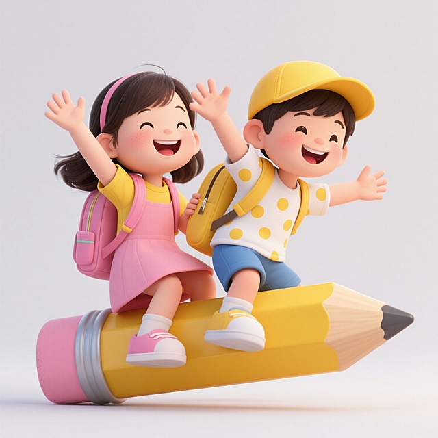 3D卡通风格，白色背景，两个面带灿烂笑容的亚洲儿童，女孩穿着粉色连衣裙和黄色短袖，背着粉色书包，男孩戴着黄色棒球帽，穿着白色带黄色圆点T恤和蓝色短裤，背着黄色书包，两人坐在一支巨大的黄色铅笔上，铅笔尾部为粉色橡皮，男孩双手张开仿佛在保持平衡，女孩一只手抓着铅笔，另一只手向上挥动，整体画面色彩明快，充满童趣和活力，光影柔和，角色造型圆润可爱，细节丰富，呈现出欢快向上的氛围。