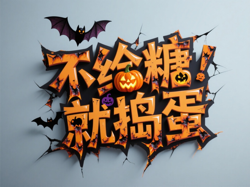 "不给糖就捣蛋"。创意惊悚字体设计，蝙蝠、南瓜等万圣节元素嵌入字体，纯色背景。预览效果