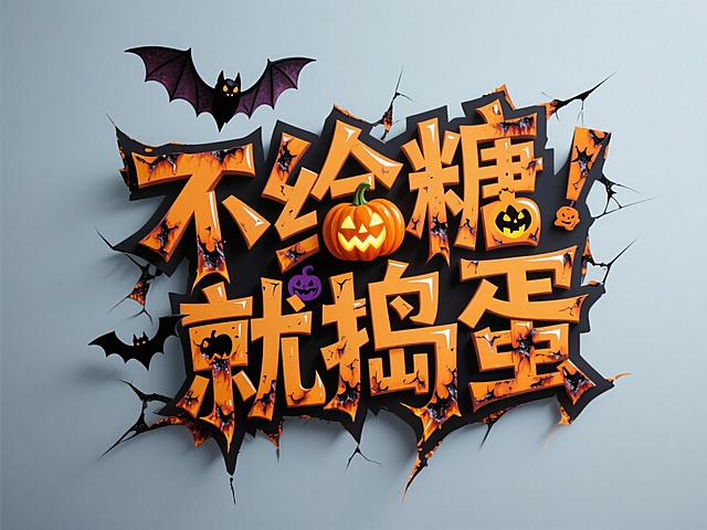 "不给糖就捣蛋"。创意惊悚字体设计，蝙蝠、南瓜等万圣节元素嵌入字体，纯色背景。