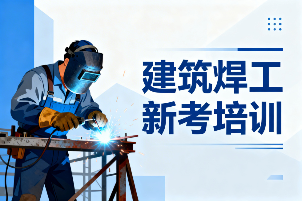 建筑焊工新考培训宣传图，与之前的工种培训图风格统一，蓝色商务简约风，左侧是佩戴防护用具的建筑焊工进行焊接作业的写实场景插画，右侧醒目显示文字'建筑焊工 新考培训'，整体清晰专业预览效果
