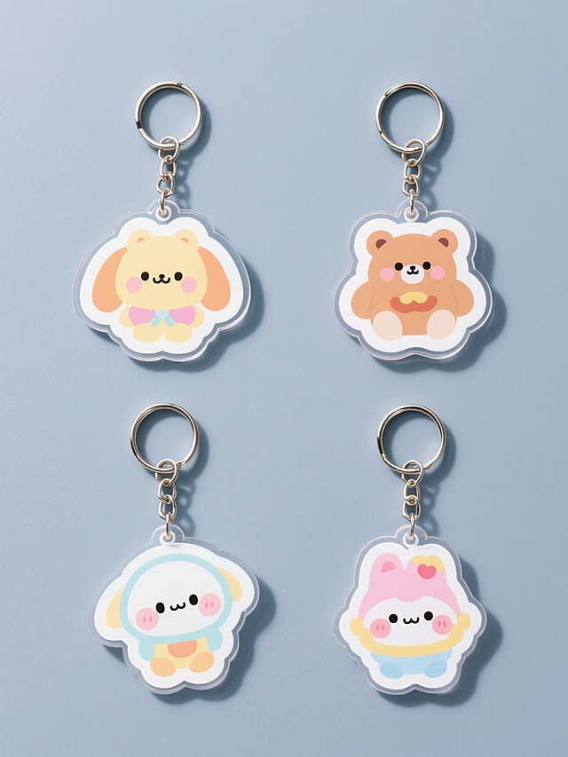 四个不同设计的卡通钥匙扣规整排布于纯色背景上，整体造型简约现代，每个钥匙扣均采用透明亚克力材质，具有清晰的白色轮廓边缘，卡通形象设计风格统一为可爱Q版，色彩鲜明柔和，线条圆润流畅，无任何文字、logo及水印。