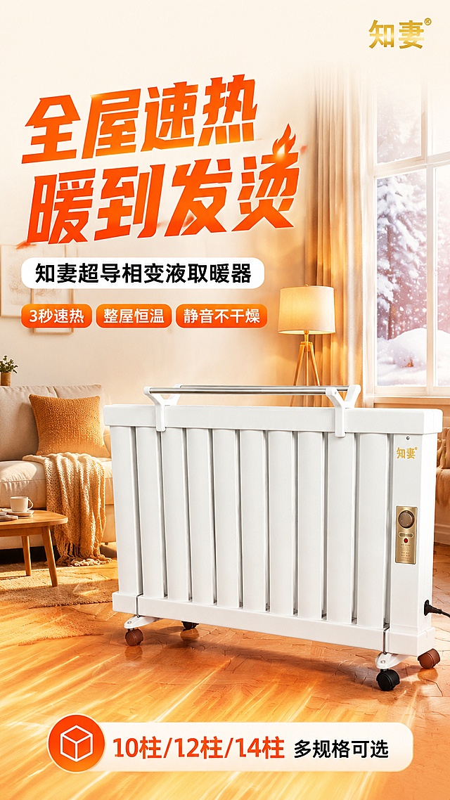 [第1屏] 详情页头图-知妻超导相变液取暖器全屋速热新品宣传海报。本屏使用【图1】作为商品主体。
[氛围/风格] 温馨暖冬家居风+拼多多大字报风格，暖橙色主调，高饱和度，商业摄影质感，氛围感强。
[元素布局] 取暖器置于画面中下偏右，占比约60%-65%，正面45°斜侧视角，白色机身、金色控制面板、顶部烘衣架、底部黑色滚轮与输入产品图完全一致；背景为温馨的现代客厅场景，有米色沙发、木质地板、暖色窗帘、落地灯，窗外飘雪暗示冬季；左上角大面积留白放标题区，底部有暖光光晕烘托温暖感。
[光影质感] 右上方暖光主光源，产品正面均匀受光，控制面板有金色高光，底部柔和投影，整体温暖明亮通透。
[配色色系] 全局底色 #FFF5EB（暖米白）；主色 #FF7A00（暖橙）；辅助色 #FFFFFF（白）、#B8860B（暗金）。
[视角构图] 正面微仰视，产品为视觉中心，阅读动线左上标题 → 中部产品 → 底部卖点条。
[文字版式] 大标题压迫型版式。主标题「全屋速热 暖到发烫」，超大粗黑体，暖橙色，居左上；副标题「知妻超导相变液取暖器」，白色底纹黑字；下方3个卖点胶囊：「3秒速热」「整屋恒温」「静音不干燥」，圆角橙底白字；底部信息条标注「10柱/12柱/14柱 多规格可选」；右上角品牌角标「知妻」金色；文字不遮挡产品主体。
[比例分辨率] 9:16 竖版比例，4K分辨率，文字清晰可辨，高清画质。
[负向提示词] 产品变形，缺件错件，颜色偏差，水印，文字错乱，产品图模糊，背景杂乱，极限词。