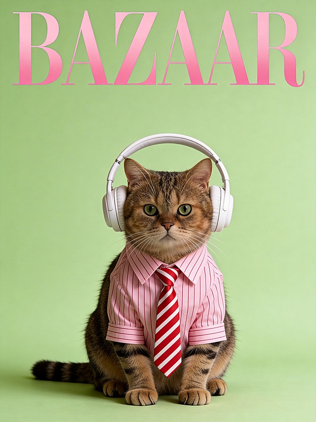 图示宠物身着粉色条纹衬衫搭配红白条纹领带，佩戴白色头戴式耳机，神态呆萌又透着精致感；背景为柔和的草绿色纯色底，简洁干净的色调突出宠物主体；画面顶部醒目呈现 “BAZAAR” 标志性艺术字样，还原时尚刊版式；整体采用高饱和柔粉色调，居中构图聚焦宠物，使其紧凑占据画面核心区域。