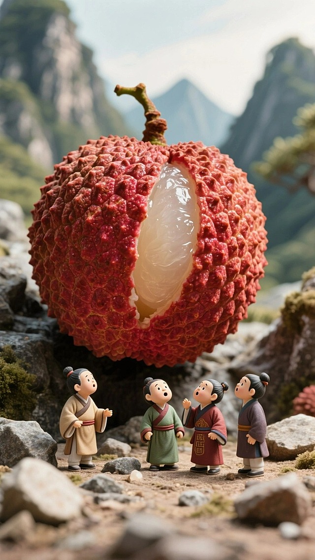 一个巨大的荔枝阻断山脉，几个迷你唐装小人看着荔枝，荔枝占视觉中心