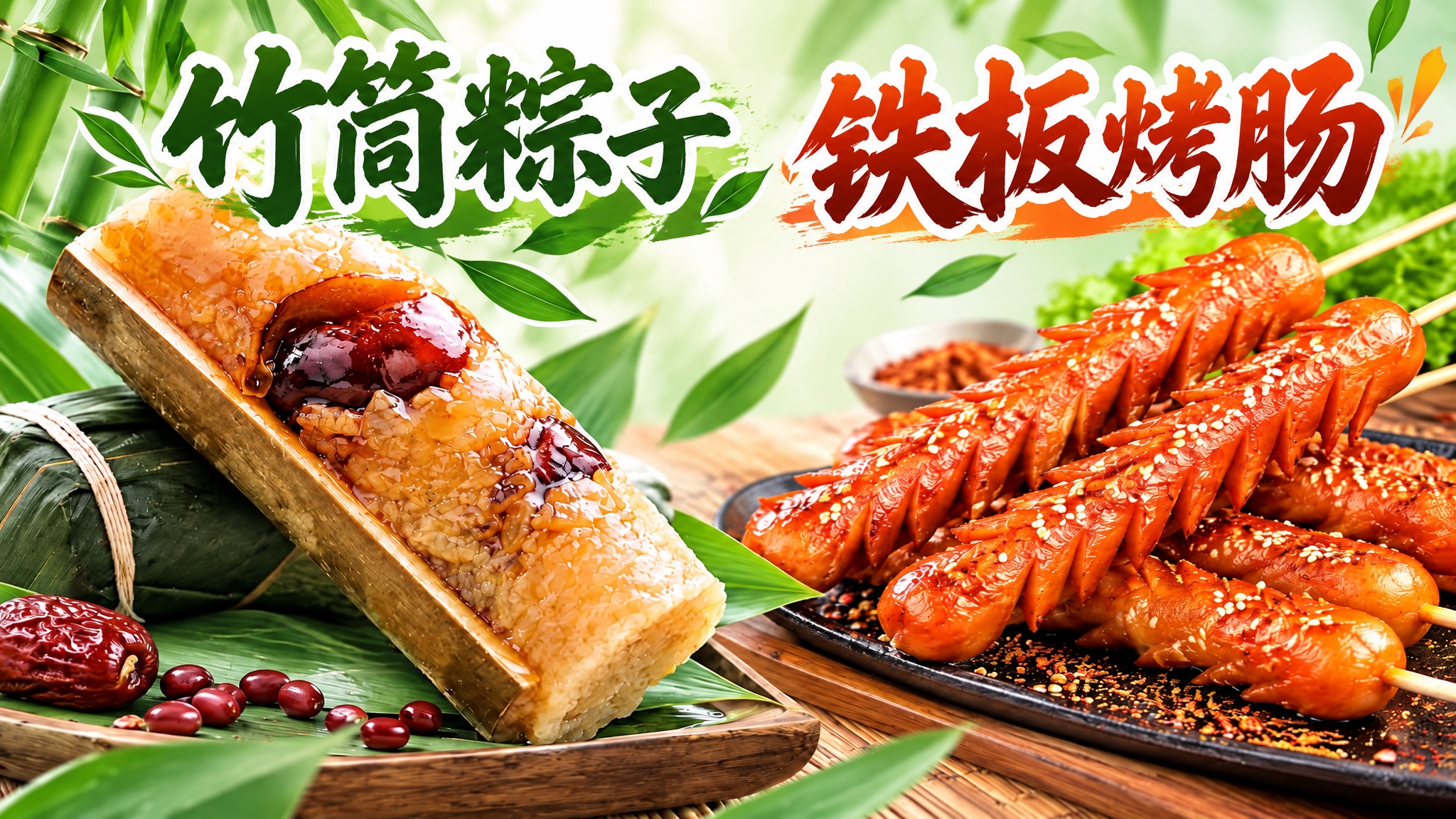 在这张美食海报上方添加醒目标题文字，左侧为"竹筒粽子"，右侧为… - 图片创意预览