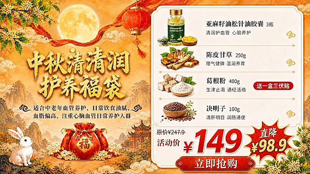 将这张竖版海报改为横向16:9海报，保留原图全部国风中秋氛围元素（圆月、桂花、红灯笼、祥云、玉兔、远山、古建筑），保留原图全部文案信息和产品插图，版式调整为左右分栏结构：左侧约45%区域放置主标题「中秋清润护养福袋」、副标题「适合中老年血管养护、日常饮食油腻、血脂偏高、注重心脑血管日常养护人群」、福袋图标和玉兔装饰；右侧约55%区域放置产品清单卡片（亚麻籽油松针油胶囊3瓶清润护血管心脑养护、陈皮甘草250g理气健脾温润养胃、葛根粉400g生津止渴通经活络送一盒三伏贴、决明子100g清肝明目润肠通便）和底部价格区（原价¥247.9 活动价¥149 直降¥98.9 立即抢购按钮）。整体风格为国风新中式工笔，暖橙红金配色，中秋节日氛围浓厚，排版精美，文字清晰可读。画面中所有数字必须精确渲染，不得错位、遗漏或编造。画面中所有信息区域必须填充完整合理的内容，不得出现空白框或占位。