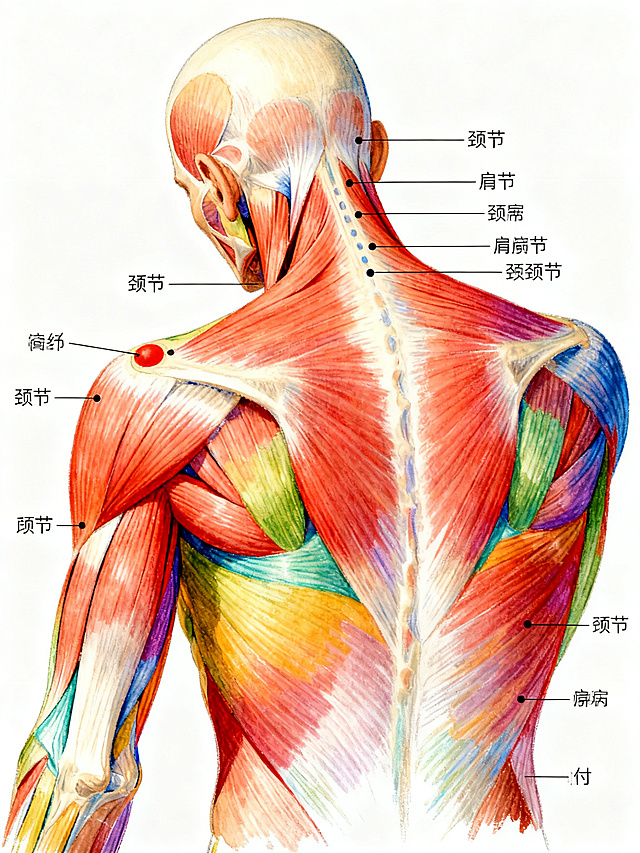 彩色肩颈部位医学示意图，清晰标注肩颈结节位置、肩颈处肌肉结构和主要穴位，教学示意图，色彩分层明确，白底彩色标注风格