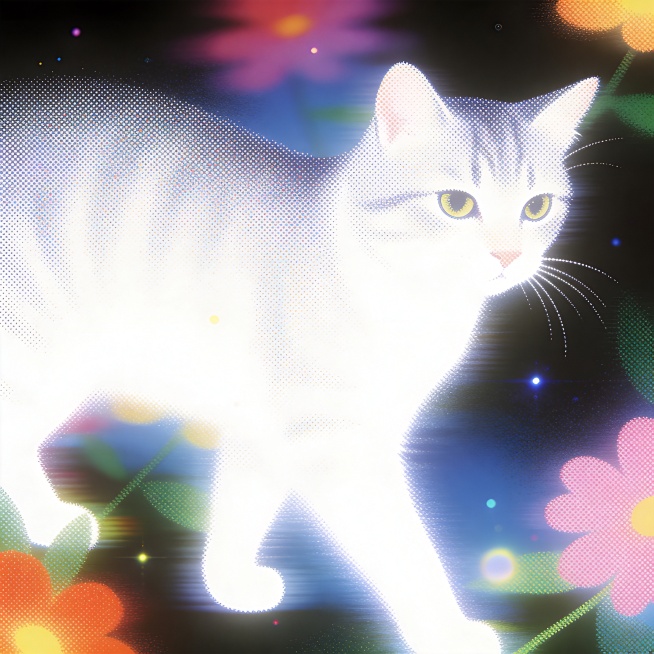 极简主义艺术海报，采用点绘艺术halftone技法，以密集细腻小点塑造画面，通过点的疏密、大小变化表现光影与明暗，复古未来主义风格，彩色方案，画面留有巨大负空间，整体超干净，带来平静舒缓的视觉效果；治预览效果