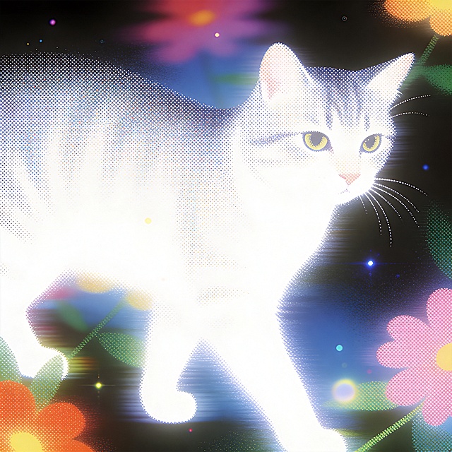 极简主义艺术海报，采用点绘艺术halftone技法，以密集细腻小点塑造画面，通过点的疏密、大小变化表现光影与明暗，复古未来主义风格，彩色方案，画面留有巨大负空间，整体超干净，带来平静舒缓的视觉效果；治愈系配色，色彩冷暖对比强烈，强调梦幻温暖氛围感，带有微光，隐约呈现出花香间的小猫形态，非传统构图，带有动态模糊效果，整体完全由点绘技法构成