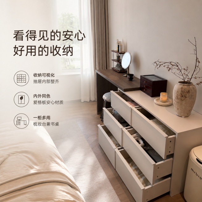 [单张主图] 岚格家具床尾储物柜梳妆台斗柜，高级氛围感主图，目标展示可视化收纳、优质材质与多功能优势。保持原有产品外观（物理结构、材质质感、颜色）与输入产品图绝对一致，杜绝任何变形和色差，精细化处理。预览效果