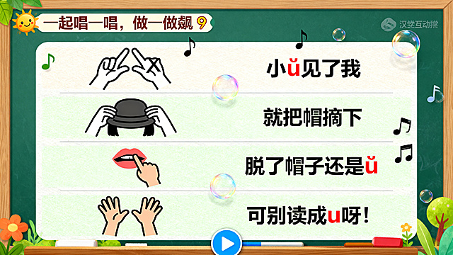 汉语拼音课程第9页，标题“一起唱一唱，做一做 🎵”。分四行布局，每行左边是对应手势简笔画，右边是文字：第一行（双手比jqx）→ 小ü见了我，第二行（双手摘帽）→ 就把帽摘下，第三行（指嘴巴）→ 脱了帽子还是ü，第四行（摆手）→ 可别读成u呀！有节奏符号♪ ♫飘浮在页面，底部有播放按钮，整体风格活泼互动适合小学课堂。