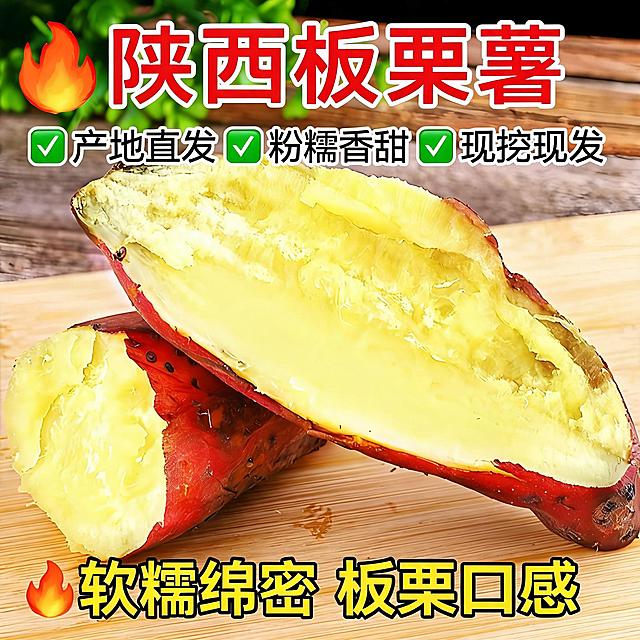 陕西板栗薯电商主图，体现产地直发，粉糯香甜卖点，商品展示，淘宝平台风格，清晰真实的食品摄影