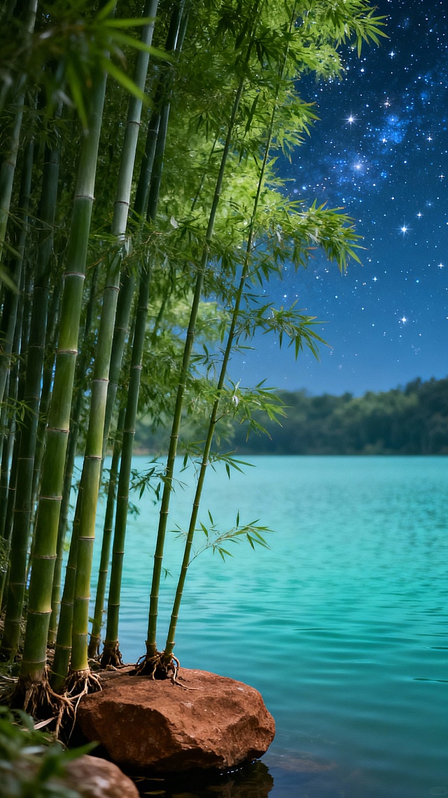 茂密的竹林深处，碧波荡漾的湖面，背景是璀璨的星空，整体呈现浅墨绿色调和蓝色碰撞，竹子扎根在棕色石头上，数量较少，靠近画面侧边，写实摄影风格，高清晰度，光影细腻，氛围感强，生成10张