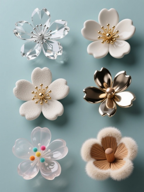 一组6个完全不同材质的同元素、同造型的樱花系列素材集合，规整排布于纯色背景上，每个樱花均保持原有的六片花瓣舒展形态、中心密集花蕊结构以及整体花朵造型，画面整体色彩进行变换，分别呈现为：透明水晶质感樱花，花瓣棱角分明且带有折射光斑，花蕊为银色金属丝；磨砂陶瓷质感樱花，花瓣表面哑光粗糙，带有细微颗粒感，花蕊为金色；光滑金属质感樱花，花瓣呈现镜面反射效果，带有金属特有的冷冽光泽，花蕊为同色系金属小球……预览效果