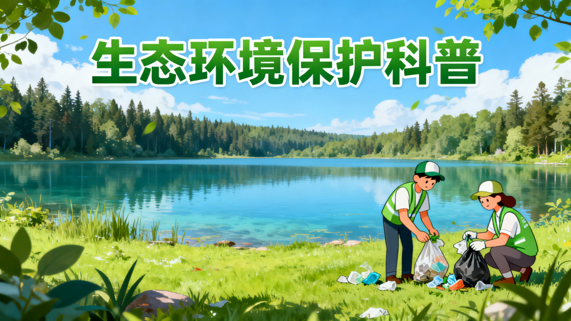 生态环境保护科普横屏封面，画面展现蓝天绿地、清澈湖泊，远处有森林，前景有志愿者捡拾垃圾的温馨场景，上方有醒目标题"生态环境保护科普"，整体风格清新自然，色调以绿色、蓝色为主，充满生机，适合作为科普内容预览效果
