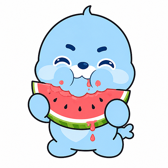 参考图中的蓝色卡通海豹IP形象，保持样貌特征不变（浅蓝色身体、深蓝色大眼睛、白色小胡子、头顶小呆毛、粗黑描边），Q版二头身比例，头大身小圆滚滚，日常主题：吃西瓜，双手抱着一大块西瓜，嘴巴塞得鼓鼓的，一脸满足幸福的表情，西瓜汁滴下来，Q版chibi风格，极度可爱萌系，卡通贴纸风格，纯白色背景