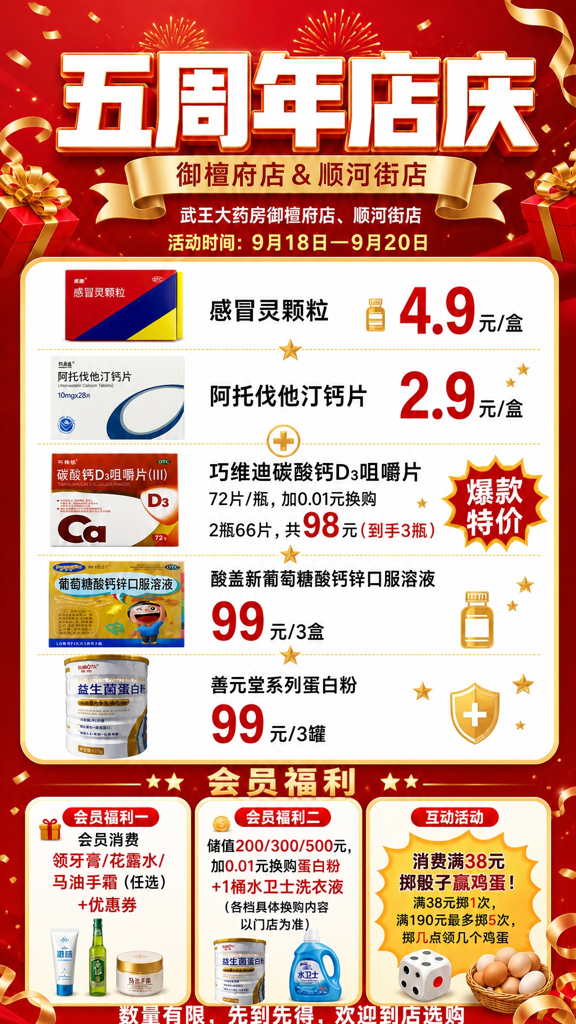 修改这张药店五周年店庆海报（图1）：1. 爆款特价区的5款产品… - 图片创意预览