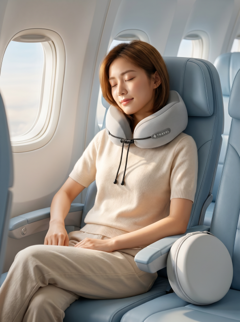 【主体保护指令】请保持参考图 1 中【U型枕和收纳盒】的款式、颜色、材质、形态、品牌标识、细节纹理、五金件与原图一致，不做改动或再创作。画面其余元素（模特、场景、光影、构图）按后续描述生成。
整体为商预览效果
