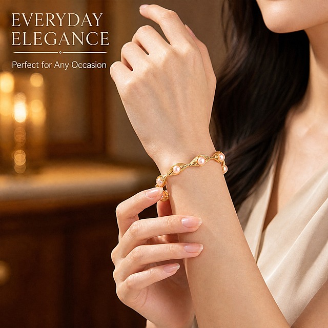 AliExpress main image 5, lifestyle wearing scene. Elegant woman wearing the freshwater pearl gold bangle on her wrist. Close-up shot of hands and wrist, woman gently touching the bracelet with her other hand. Woman has fair skin, slim elegant hands with natural nude manicure. Wearing a simple cream-colored silk blouse. Background is softly blurred warm interior with gentle bokeh lights, creating a romantic elegant atmosphere. Bracelet is the focal point, sharp and clear, showing how it looks when worn. Top left corner has elegant title text 'EVERYDAY ELEGANCE' in thin serif font, subtitle 'Perfect for Any Occasion'. Warm soft golden hour lighting. Luxurious feminine mood. 1:1 square ratio, bracelet clearly visible, professional lifestyle jewelry photography.