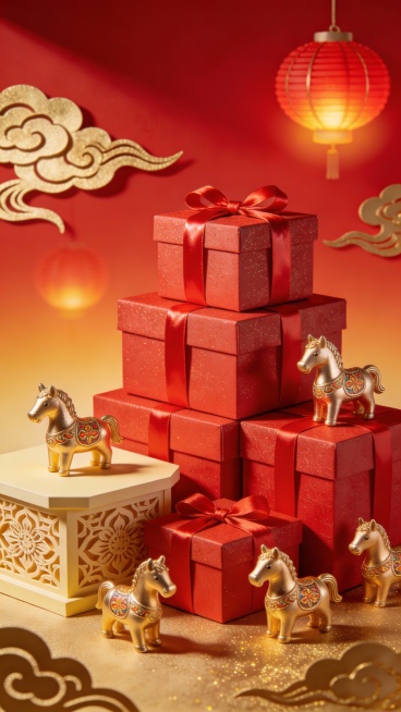 3D立体剪纸风格，以大红色为背景，金色渐变点缀，整体呈现喜庆热闹的氛围。画面中央是多层堆叠的红色礼盒，礼盒上系着光泽感十足的红色缎带，礼盒表面有细微的纹理质感。左侧有一个米黄色的立体剪纸展台，展台上雕刻着精致的花纹图案。礼盒和展台周围摆放着多个金色小马摆件，小马造型可爱，身上有传统花纹装饰。背景中点缀着金色的祥云图案和红色的灯笼，取代原有的烟花元素，灯笼散发着柔和的光晕，祥云则呈现出飘逸的动态……预览效果