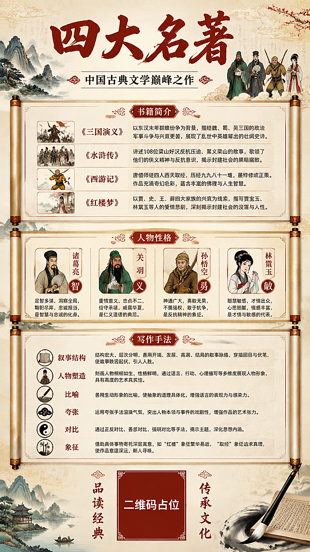 国风新中式工笔风格的四大名著文化介绍海报，竖版9:16，典雅大气的中国古典书卷气息。画面顶部居中大标题"四大名著"，下方副标题"中国古典文学巅峰之作"。画面中部为三大内容板块，以古典卷轴或古籍书页形式呈现：第一板块"书籍简介"，分别介绍《三国演义》《水浒传》《西游记》《红楼梦》四部经典的核心内容；第二板块"人物性格"，解析诸葛亮智、关羽义、孙悟空勇、林黛玉敏等核心人物性格特点；第三板块"写作手法"，介绍叙事结构、人物塑造、比喻、夸张、对比、象征等修辞手法与艺术特色。每个板块配有对应的古典插画小图标或人物剪影装饰。画面底部预留独立区域用于贴放二维码，该区域使用纯色方块占位符呈现，方块中央标注"二维码占位"文字，严禁生成任何可识别的二维码图案。背景采用淡雅的米黄色宣纸纹理，点缀祥云、山水、毛笔笔触等中国风元素。整体配色以朱红、墨黑、米黄、石青为主，层次分明，排版精美，留白适当，文化气息浓厚。画面中所有信息区域、内容板块、简介条目必须填充完整合理的内容，不得出现空白框、空白占位、横线待填写区域、空列表项、空单元格，确保是完整可用的成品海报而非待填写模板。画面中必须完整呈现以下文字信息：主标题"四大名著"，副标题"中国古典文学巅峰之作"，"书籍简介"，"人物性格"，"写作手法"，装饰语"品读经典·传承文化"，底部"二维码占位"。