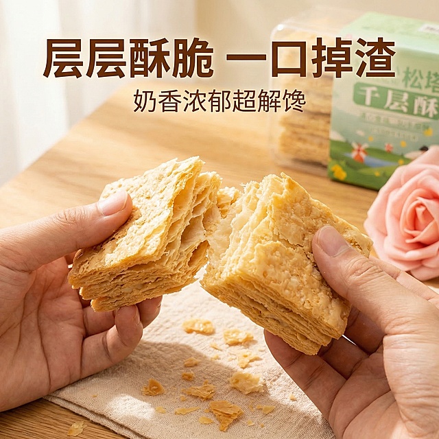 产品垫图，掰开松塔千层酥，展示层层酥脆纹理，饼干脆屑掉落在桌面上，特写展示千层结构，主文案层层酥脆 一口掉渣，副标题奶香浓郁超解馋，背景为浅暖棕色木质桌面，搭配柔软餐布，自然暖光，拼多多休闲零食主图风格，1:1构图，文案醒目突出卖点