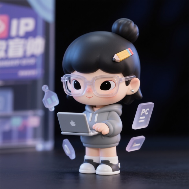 潮流IP形象，女生UI设计师，头身比1:2.5的Q版人物，戴半透明眼镜，丸子头别像素画笔发夹，手持笔记本电脑，身穿灰色卫衣，身边悬浮毛玻璃质感UI组件，潮玩插画风，细节丰富，3D插画风格，深色背景，左预览效果