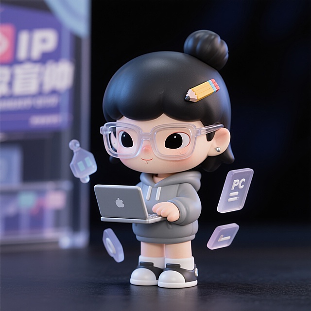 潮流IP形象，女生UI设计师，头身比1:2.5的Q版人物，戴半透明眼镜，丸子头别像素画笔发夹，手持笔记本电脑，身穿灰色卫衣，身边悬浮毛玻璃质感UI组件，潮玩插画风，细节丰富，3D插画风格，深色背景，左侧视角