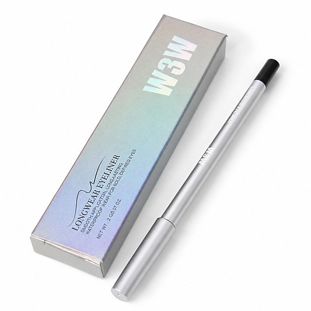 [Main Image 1] First main image of W3W colored waterproof gel eyeliner pen. Simple pure white background with high-end commercial product photography. High quality commercial photography, soft even light, clear product focus, advanced and clean picture. The eyeliner pen and its outer packaging box are placed in the center of the picture, with the product body tilted at 45 degrees to show the complete appearance. Keep the appearance (physical structure, material texture, color) of W3W eyeliner pen and packaging box completely consistent with the input product image, eliminate any deformation and color difference, fine processing. The product accounts for more than 85% of the picture, the picture is full screen without border. Light and shadow: soft studio main light, uniform auxiliary light filling, soft shadow at the bottom of the product, clear outline without clutter. Color matching: pure white background #FFFFFF, the main color is the silver gradient of the product packaging. Perspective composition: flat horizontal view, the product is centered, the outline is complete without cutting. Text: Keep the product's own text, no additional text. Output requirements: 1:1 ratio, clear and recognizable text, ultra high definition commercial photography quality. Width 2048px, Height 2048px. Negative prompt words: deformation, text confusion, product blur, cluttered background, watermark, extra logo, color distortion.
