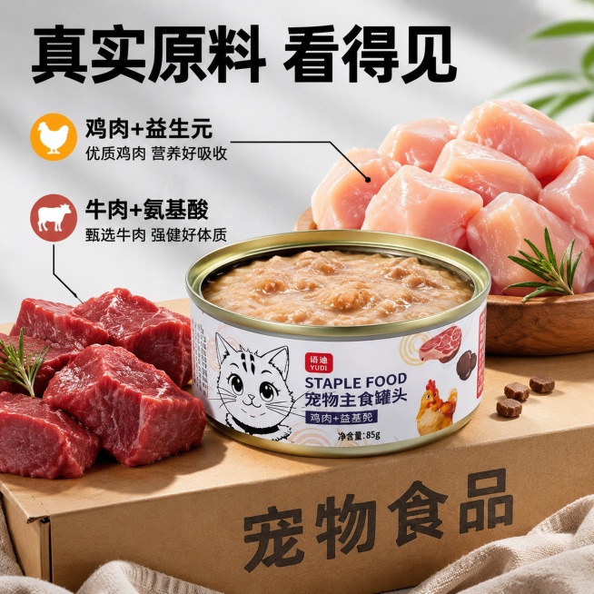 [主图-2] 猫咪主食罐多口味原料展示图。[氛围风格] 真实食欲感，清晰突出成分优势。[画质] 商业摄影质感，光线柔和通透，产品清晰真实，画面干净高级。[元素] 保持猫咪主食罐产品外观、物理结构、材质预览效果