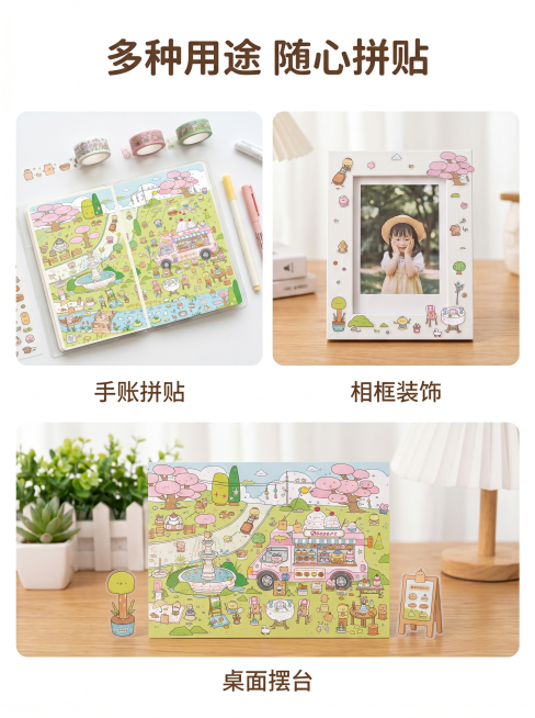 [主图-4] 春日野餐造景贴纸多场景用法展示图。可爱卡通治愈风格，保持和原图一致的马卡龙浅色调。画质清晰干净，商业插画质感。版式为上标题加下方三宫格，三个小图分别展示造景贴纸用于手账拼贴、相框装饰、桌预览效果
