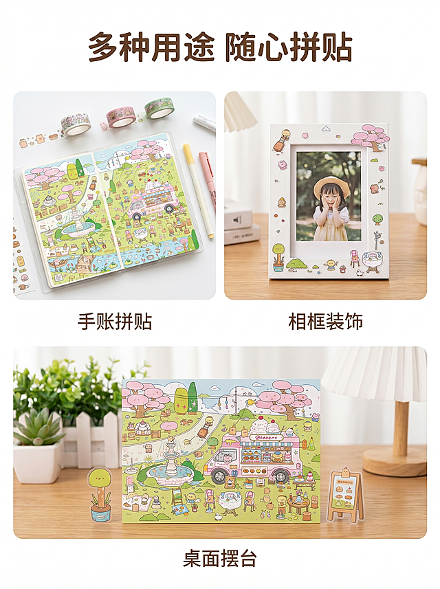 [主图-4] 春日野餐造景贴纸多场景用法展示图。可爱卡通治愈风格，保持和原图一致的马卡龙浅色调。画质清晰干净，商业插画质感。版式为上标题加下方三宫格，三个小图分别展示造景贴纸用于手账拼贴、相框装饰、桌面摆台三种不同用法，每个场景自然和谐，展示贴纸的实用性和装饰效果。保持产品图案和配色与原图一致，杜绝变形色差。整体满屏无边框，信息分区清晰。光影：每个场景都使用柔和明亮的自然光，效果通透。配色：统一保持浅绿浅粉清新色系。文字版式：顶部居中大字主文案"多种用途 随心拼贴"，每个小图下方标注对应场景名称，清晰明了。比例分辨率：3:4 比例，2K分辨率，文字清晰，超高清。负向提示词：变形，水印，文字错乱，产品模糊，背景杂乱。