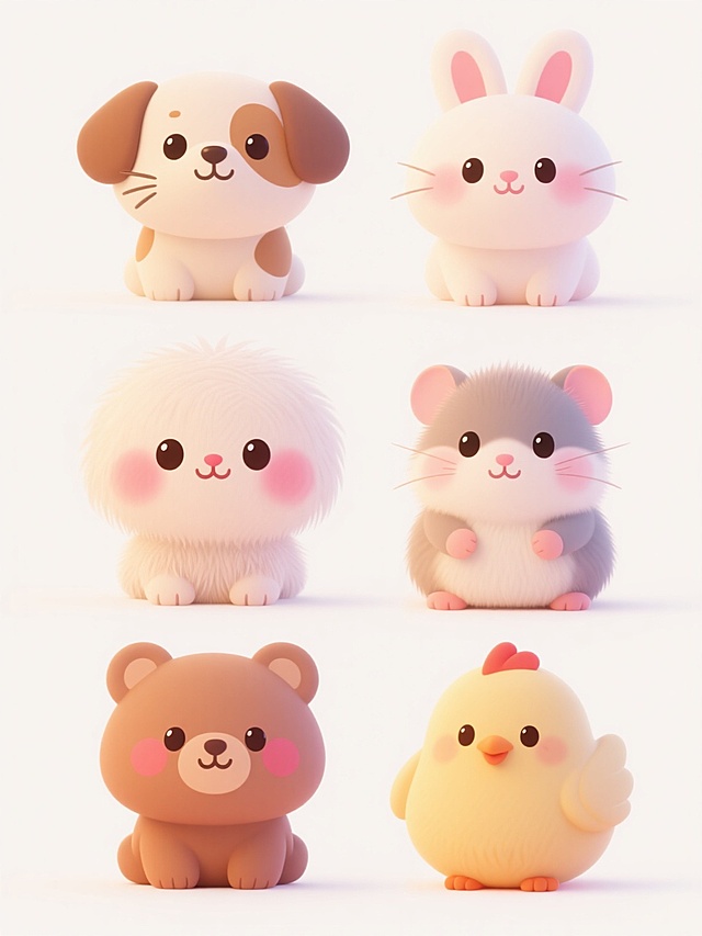 Q版风格的可爱宠物插画，6个不同样式、不同品种、不同外观的Q版宠物（可包含猫咪、狗狗、兔子、仓鼠、小熊、小鸡等），每个宠物都有着圆圆的脑袋、大大的眼睛、短小的四肢和柔软的毛发，脸颊带有粉嫩的红晕，表情呆萌可爱，采用暖色调的渐变色彩，线条圆润流畅，高光细节丰富，整体呈现出治愈系的氛围，6个宠物排列整齐，均匀分布在白色背景上。