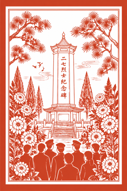 参考图片的红色剪纸风格，重新生成画面：核心主体为二七烈士纪念碑/纪念亭，放在画面中心，使用简化线描绘制；周围环绕着松柏枝叶和白花，下方是肃穆的人物剪影；点缀细节：保留松柏的叶片纹理和白花的轮廓，整体风预览效果
