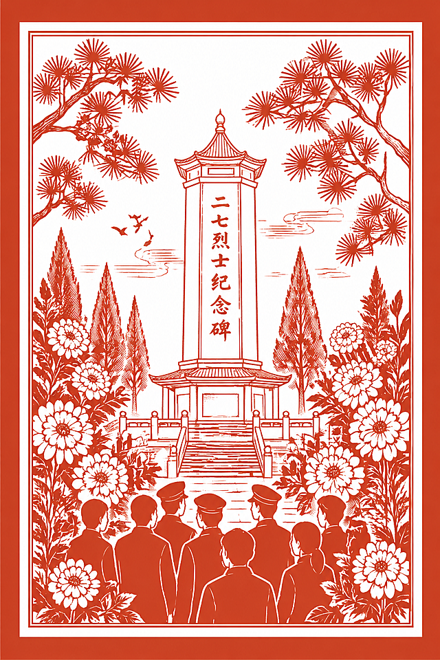 参考图片的红色剪纸风格，重新生成画面：核心主体为二七烈士纪念碑/纪念亭，放在画面中心，使用简化线描绘制；周围环绕着松柏枝叶和白花，下方是肃穆的人物剪影；点缀细节：保留松柏的叶片纹理和白花的轮廓，整体风格为红色单色线稿版画，氛围庄严肃穆。
